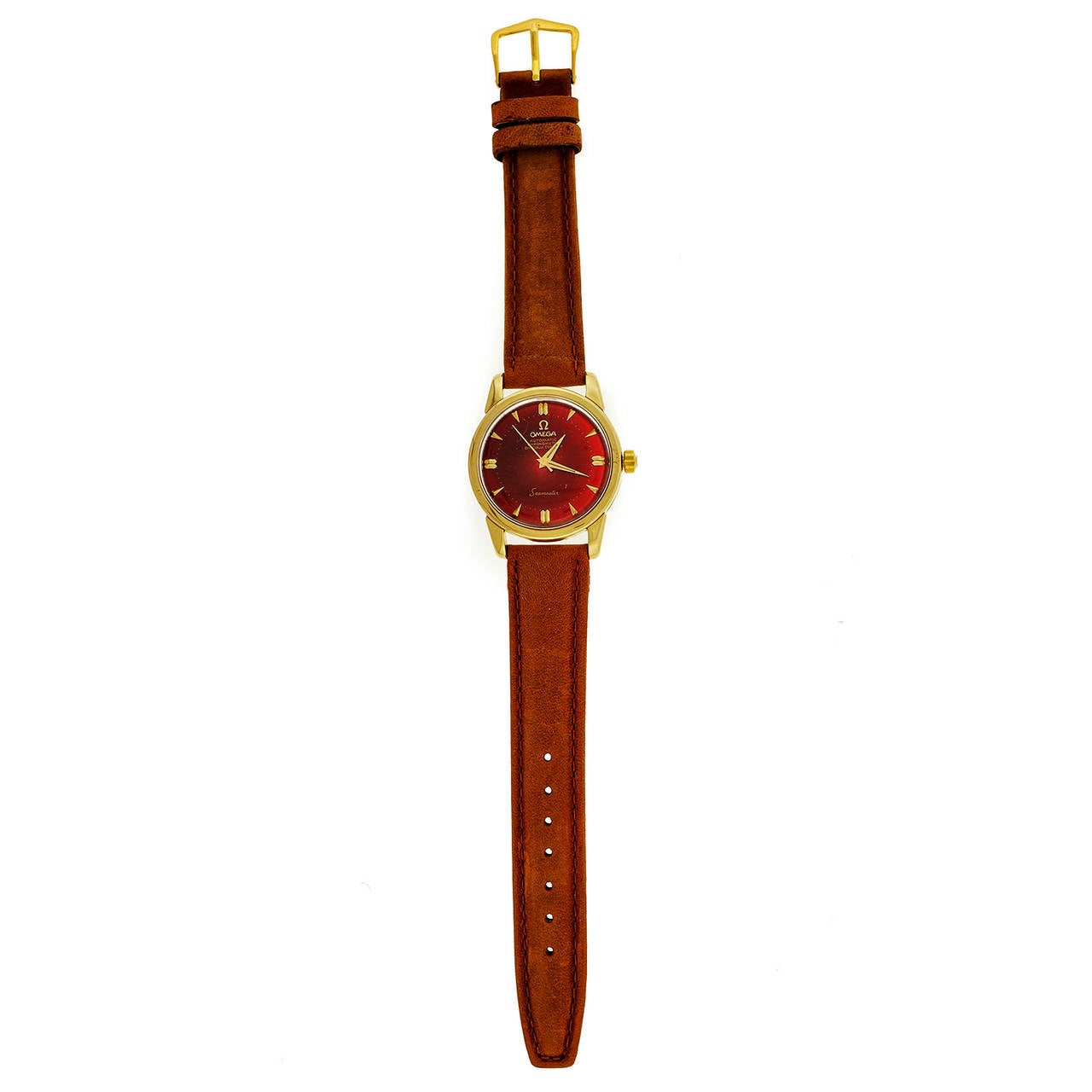 Omega 18k yellow gold automatic Seamaster chronometer wristwatch, circa 1960s, Omega automatic bumper movement.

18k yellow gold
Length: 41.86mm
Width: 34mm
Case thickness: 10mm
Strap width at case: 18mm
Dial: Custom-colored