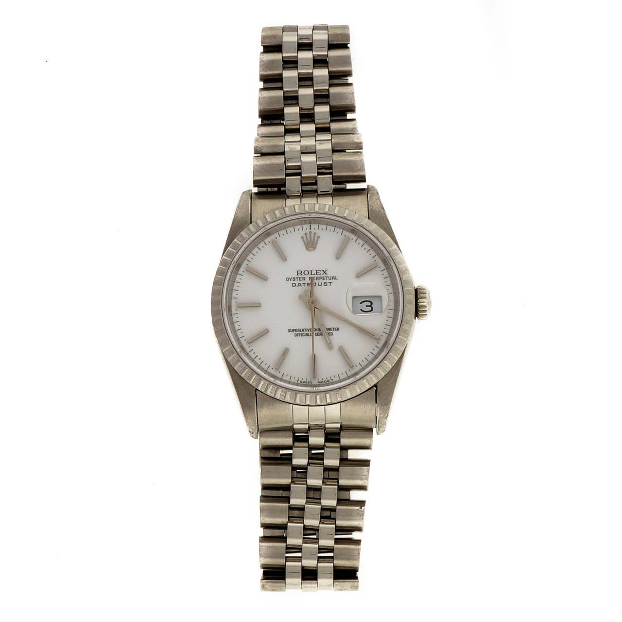 Rolex stainless steel Datejust wristwatch with 18k white gold bezel and bright white dial with simple baton indexes, Ref. 16220, circa 1992.

Steel steel and 18k white gold
Length: 44mm
Width: 36mm
Case thickness: 11.53mm
Bracelet width at