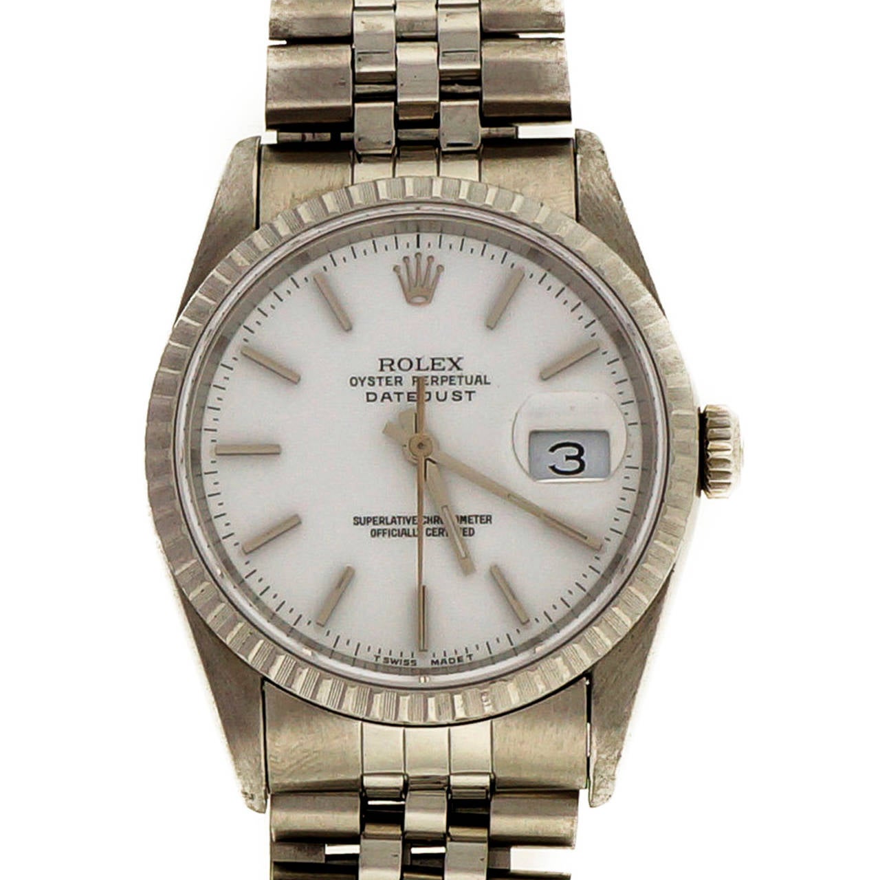 Rolex Stainless Steel Datejust Wristwatch with White Gold Bezel Ref 16220 In Good Condition In Stamford, CT