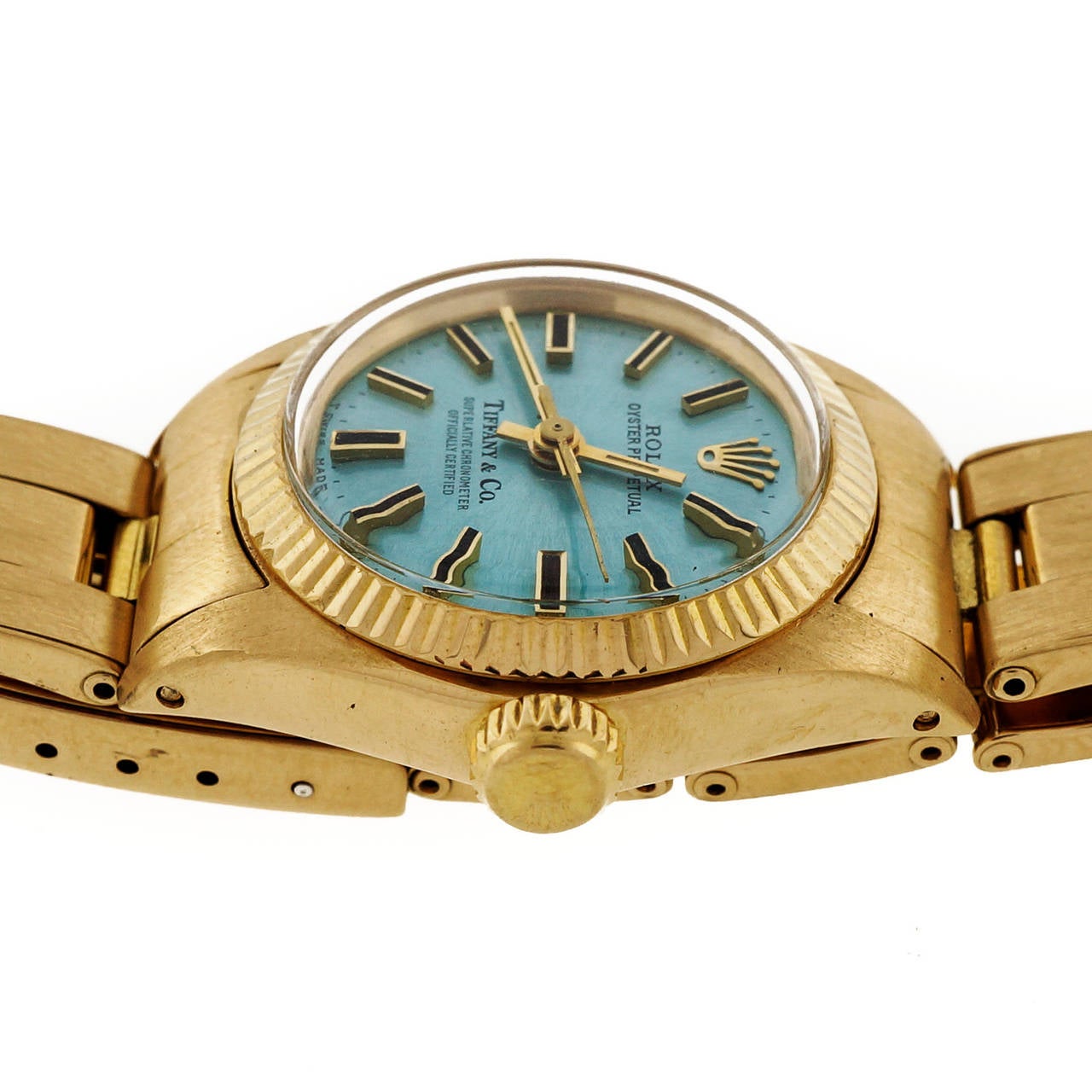 Tiffany & Co. Rolex Lady's Yellow Gold Ice Blue Dial Wristwatch Ref 6719 In Good Condition In Stamford, CT