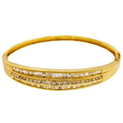 1.66 Carat Baguette Round Diamond Hinged Gold Bangle Bracelet