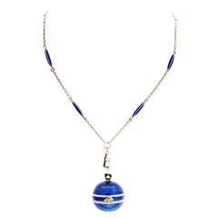 Antique Victorian Blue Enamel Ball Pendant Watch Necklace