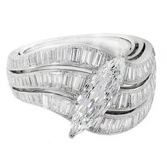 Elongated Marquise Diamond Platinum Three Row Baguette Ring