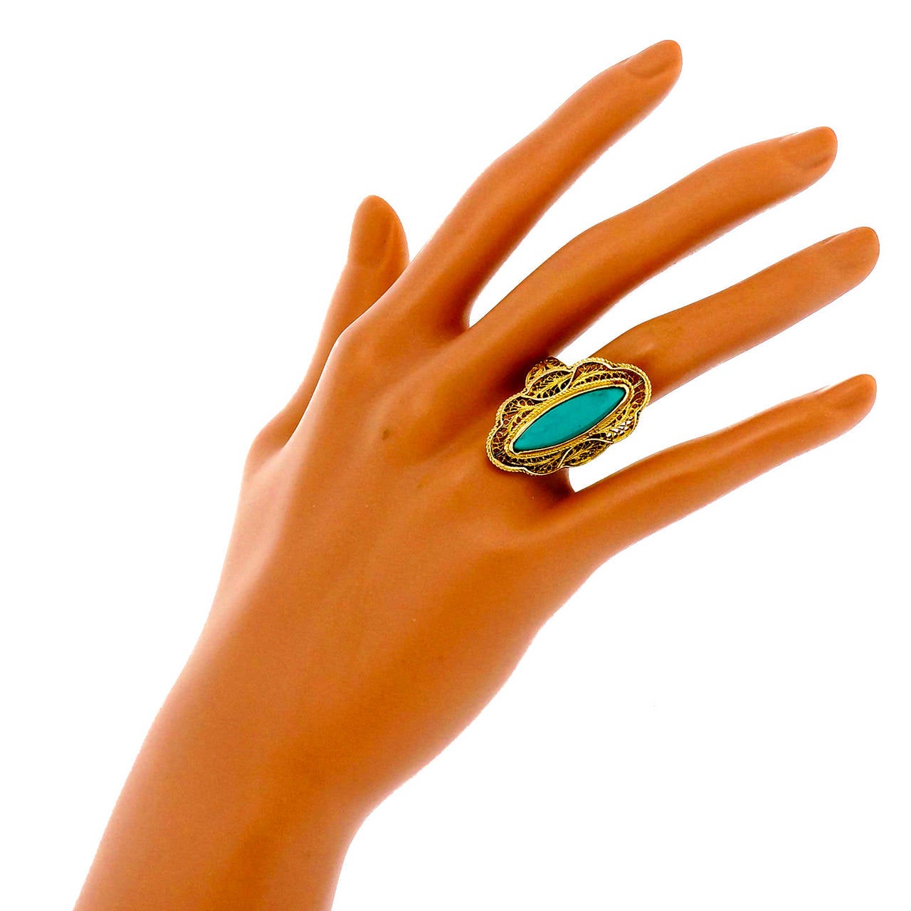 Marquise Persian Turquoise Gold Filigree Ring In Good Condition In Stamford, CT