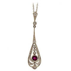 Art Deco Ruby Diamond Filigree Platinum Pendant Necklace
