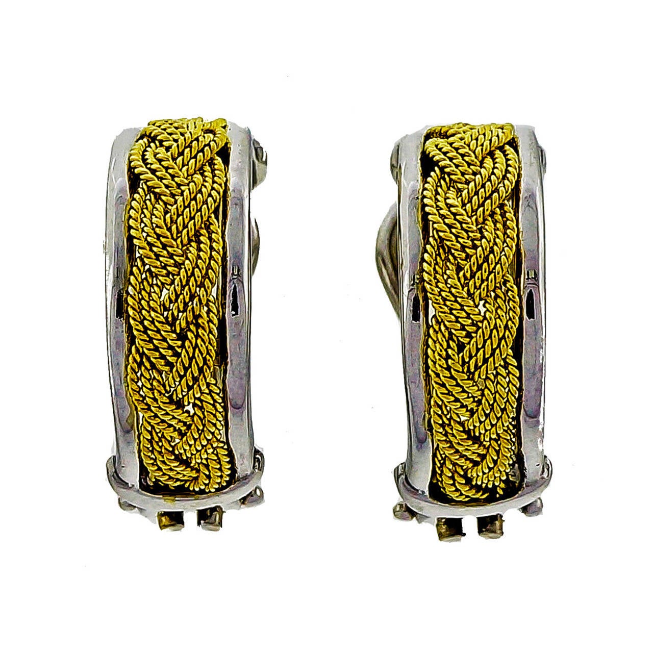 Braided Yellow and White Gold Clip Post Hoop Earrings