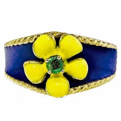 Emerald Yellow Gold Enamel Flower Ring