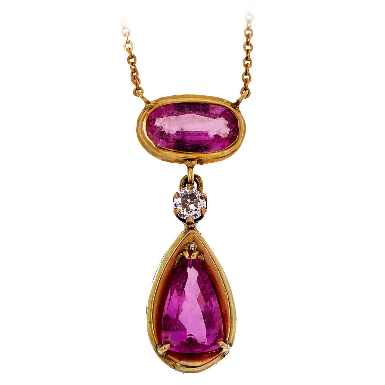 Oval Pear Pink Sapphire Diamond Pink Gold Pendant Necklace For Sale at