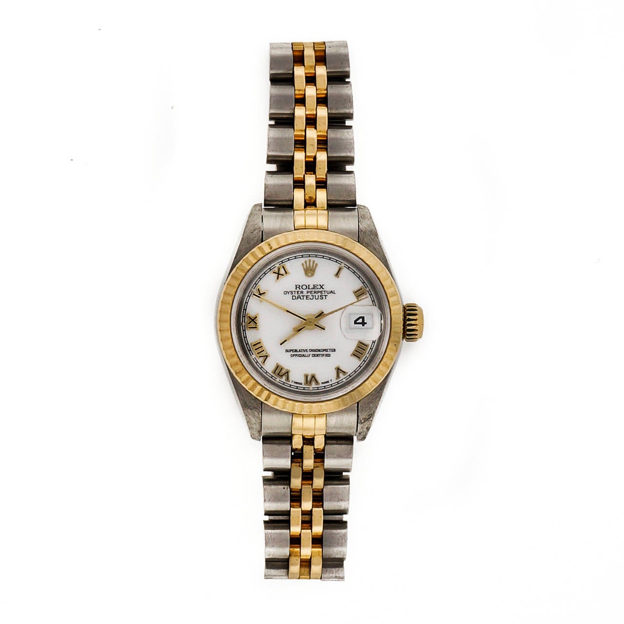 Rolex Lady's Yellow Gold and Stainless Steel Datejust Wristwatch, Ref. 69173, with white dial with gold Roman numerals, circa 1992.

Stainless steel and 18k yellow gold
Length: 32.54mm  
Width: 26mm 
Case thickness: 10.59mm 
Band width at