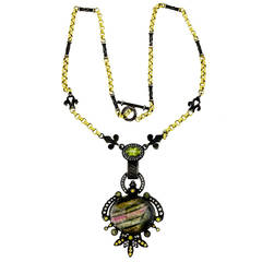 Etruscan Tourmaline Diamond Silver Yellow Gold Necklace Pendant 3