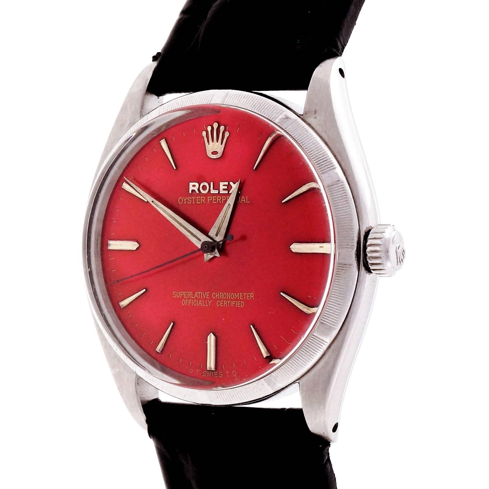 Rolex Stainless Steel Custom Colored Red Dial Wristwatch Ref 6565 In Good Condition In Stamford, CT