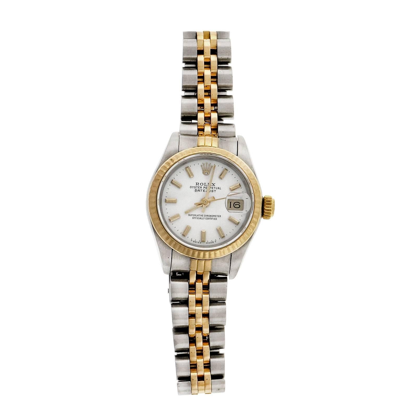 Ladies 18k gold and steel 69173 wrist watch. Rolex Oyster Perpetual Datejust with Sapphire crustal and Jubilee band. Custom colored white dial refinished by Peter Suchy Jewelers.

18k Yellow Gold and Steel
Band length: 7 inches
Length:
