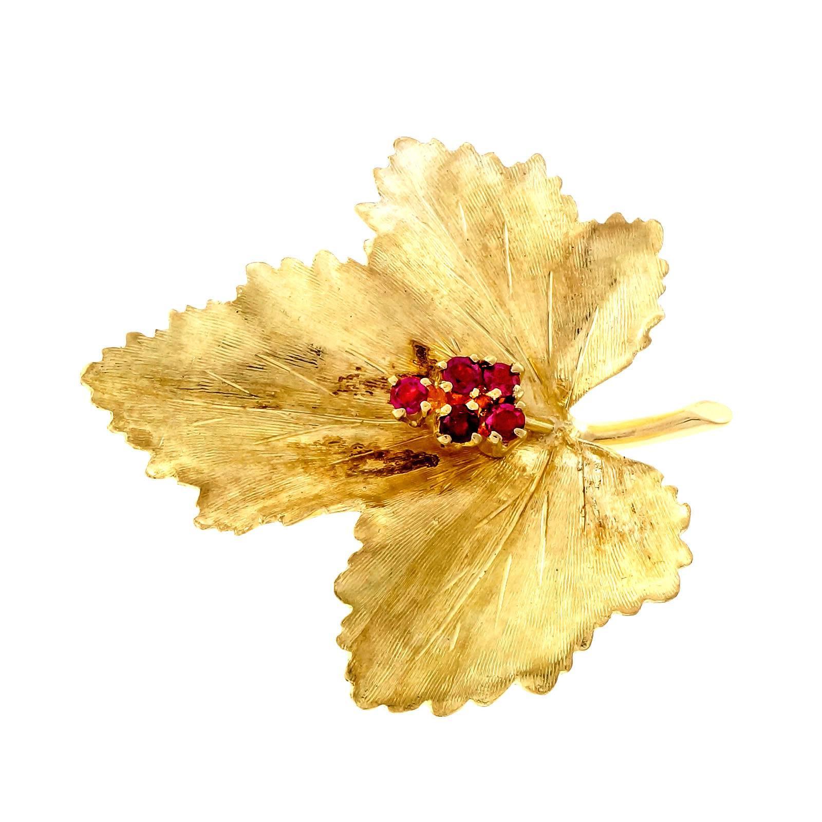 Tiffany & Co. Ruby Gold Textured Leaf Pin  1