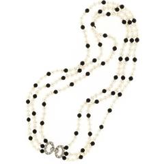 Japanese Cultured Pearl Black Onyx Diamond Gold Three Strand Necklace 
