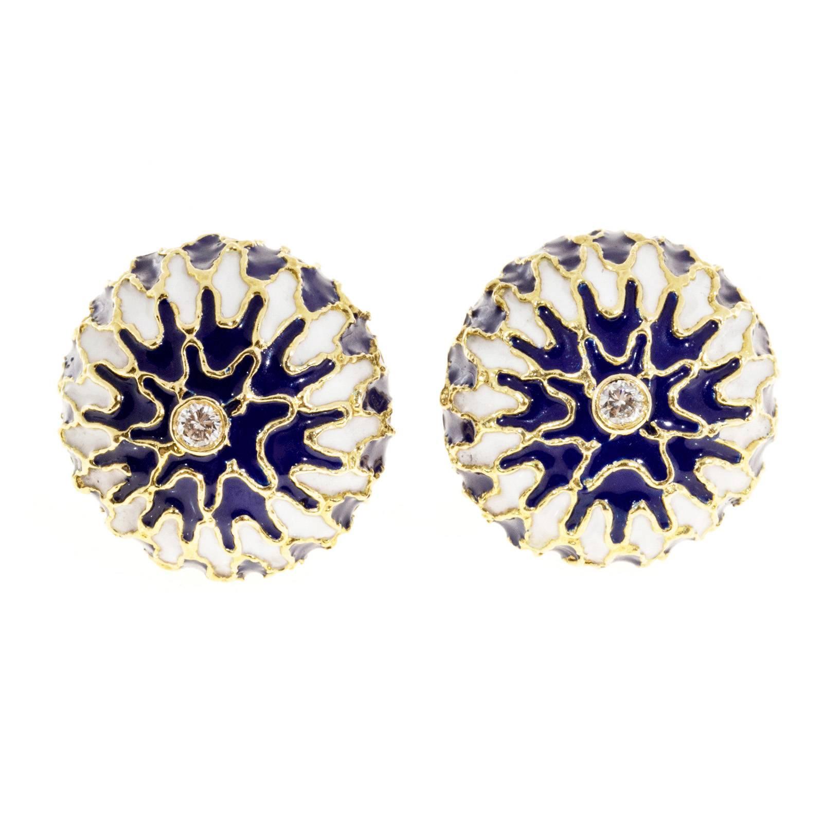 Round Cut Blue White Enamel Diamond Gold Domed Clip Post Domed Earrings For Sale