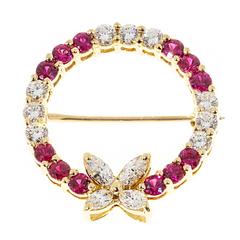 Vintage Tiffany & Co. Victoria Diamond Ruby Yellow Gold Circle Pin Brooch