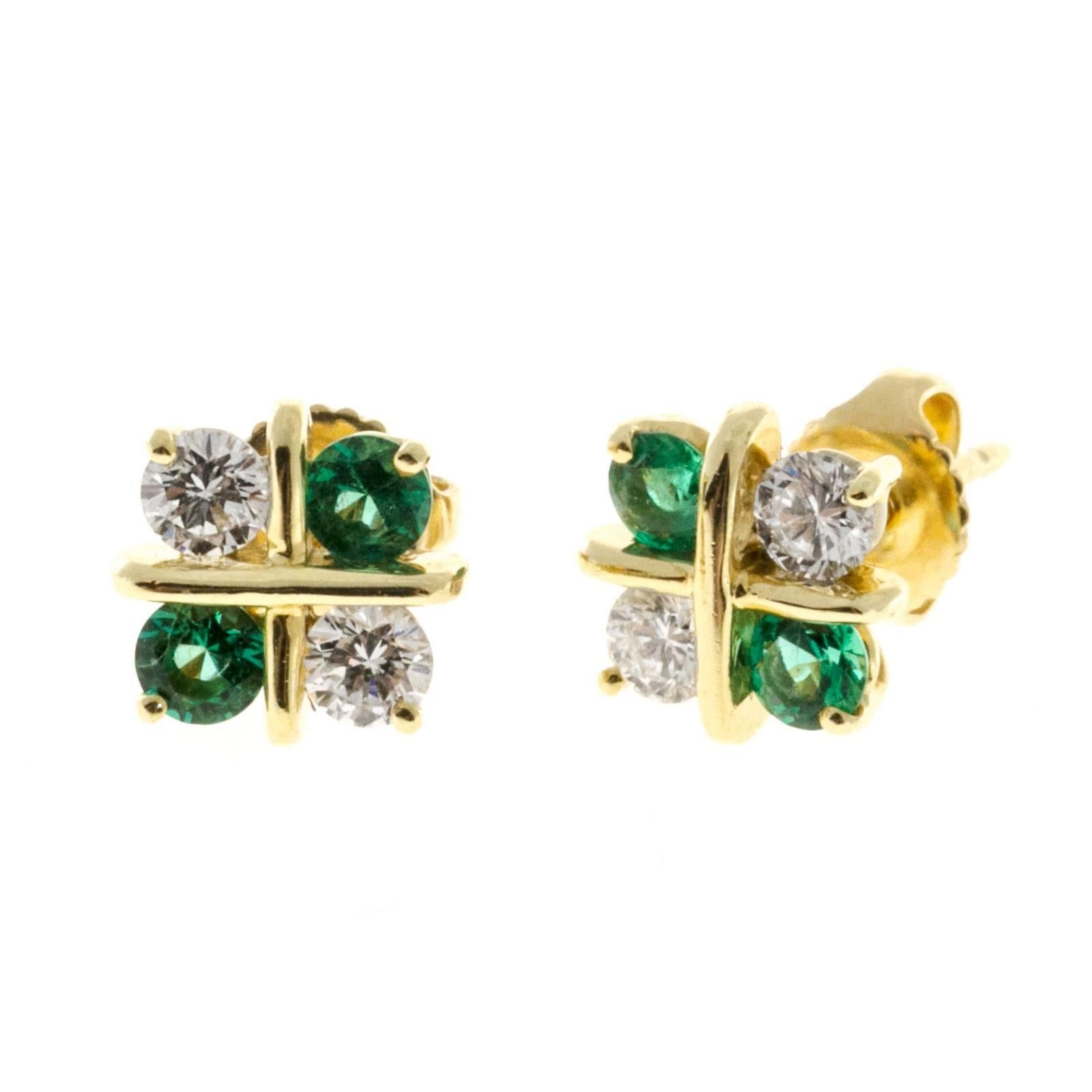 Diamond Emerald Gold X Design Earrings