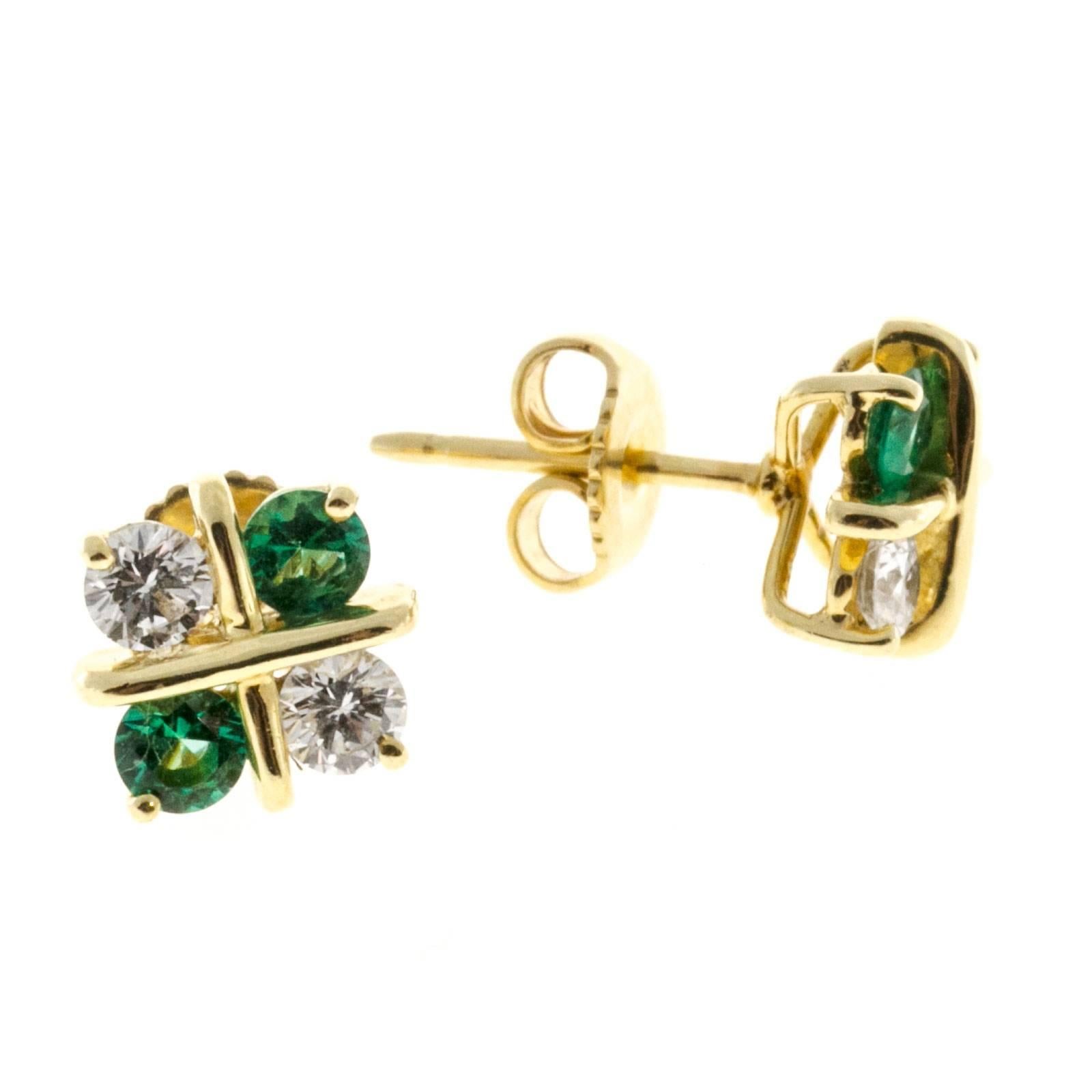 Women's Diamond Emerald Gold X Design Earrings