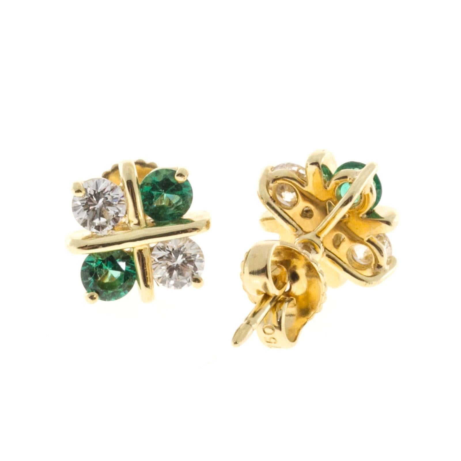 Diamond Emerald Gold X Design Earrings In Good Condition In Stamford, CT