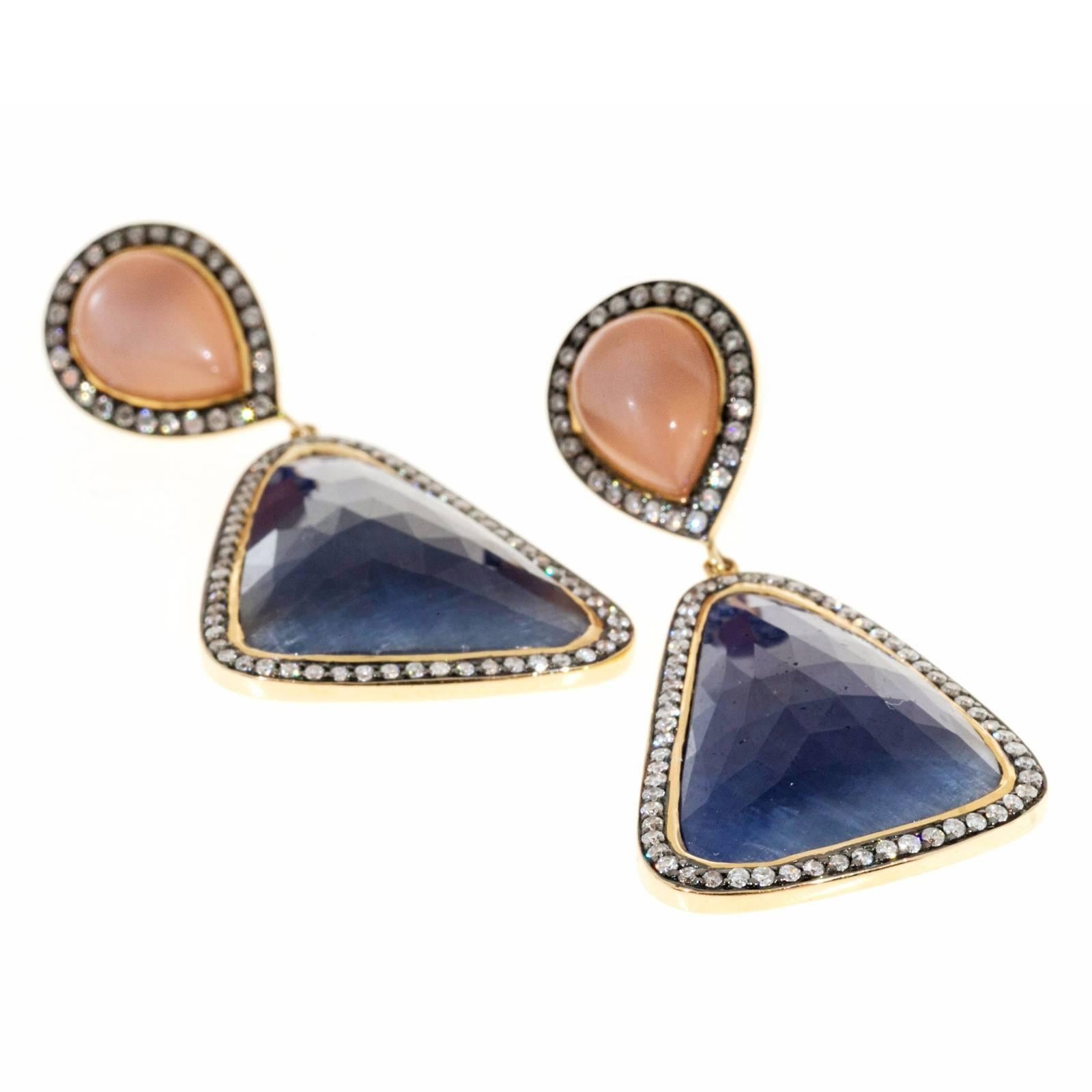 Peach Moonstone Sapphire Diamond Gold Dangle Earrings  1
