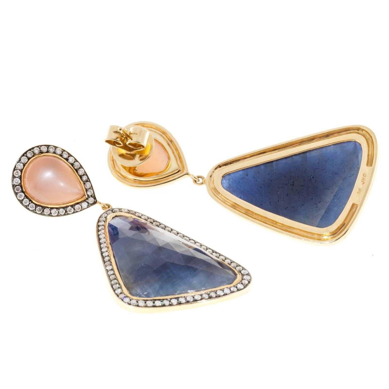 Women's Peach Moonstone Sapphire Diamond Gold Dangle Earrings 
