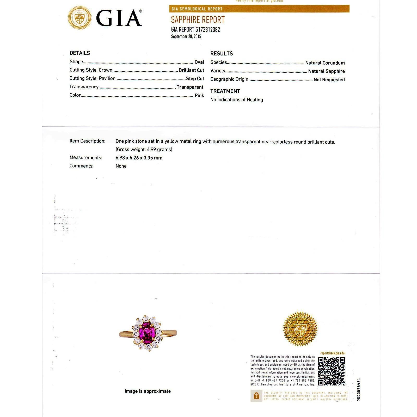 GIA Certified .75 Oval Natural Pink Sapphire Diamond Gold Engagement Ring For Sale 3