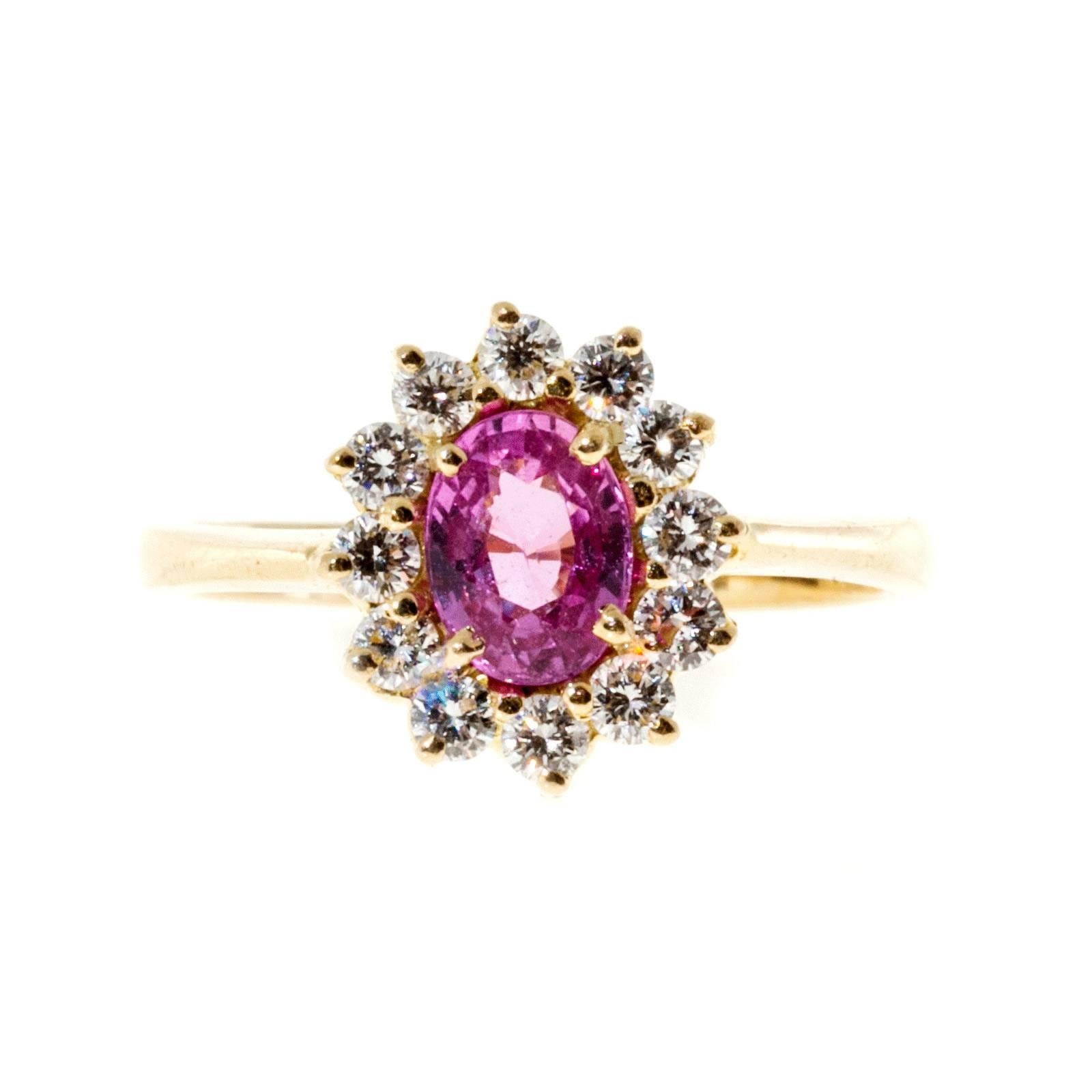 GIA Certified .75 Oval Natural Pink Sapphire Diamond Gold Engagement Ring In Good Condition For Sale In Stamford, CT