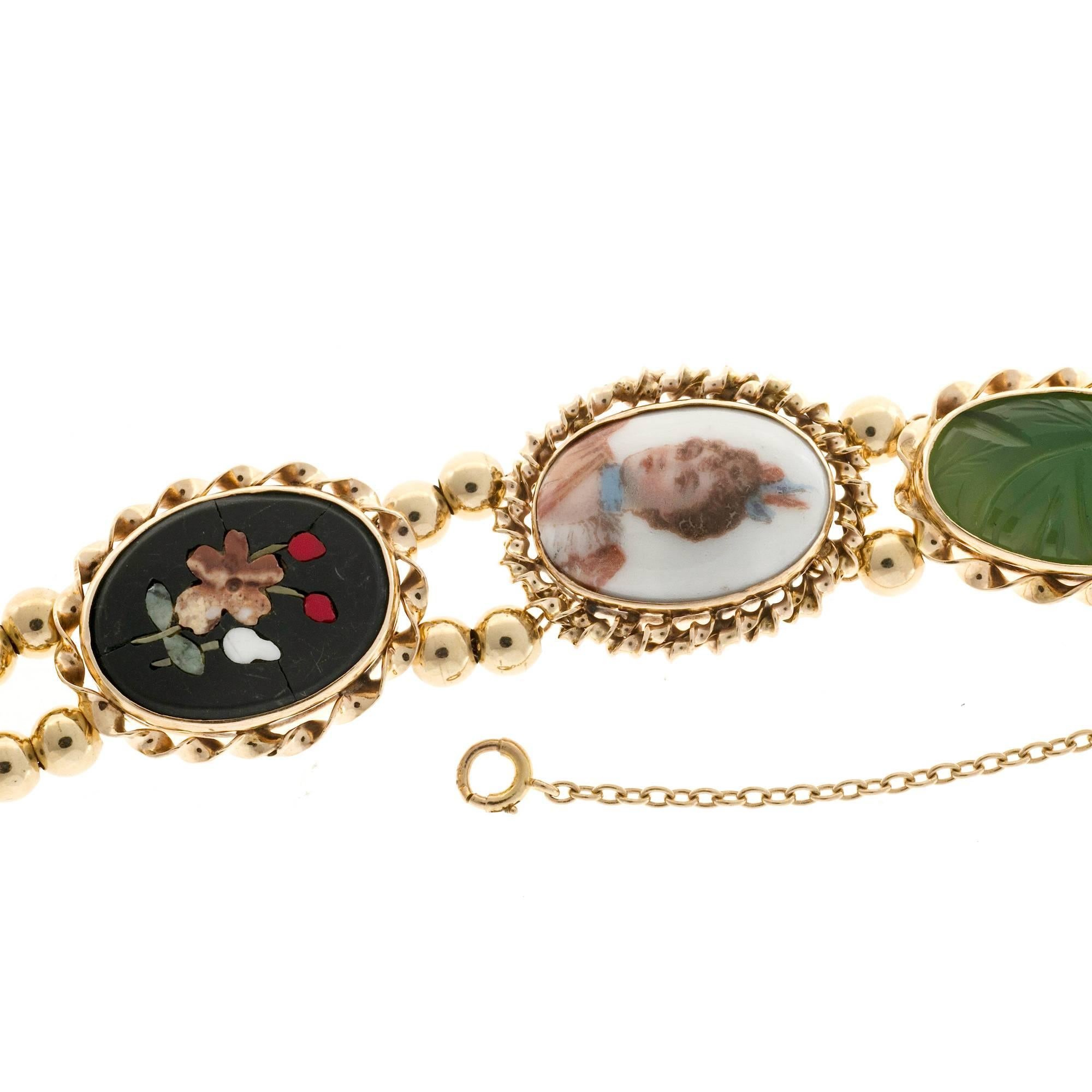 Bracelet en or à 7 sections en cornaline, jade, opale, citrine, œil de tigre et porcelaine en vente 1
