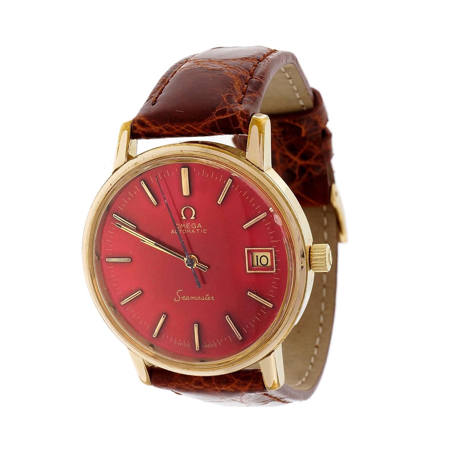 Omega Edelstahl Gelbgold gefüllte Automatik Datum rotes Zifferblatt Armbanduhr für Damen oder Herren im Angebot