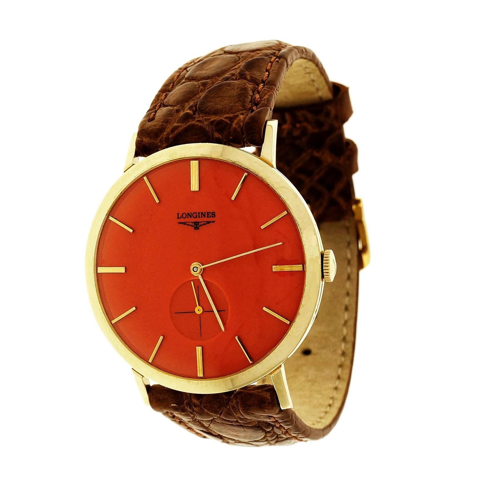 Longines yellow Gold Manual Wind Custom Color Orange Dial Wristwatch 1