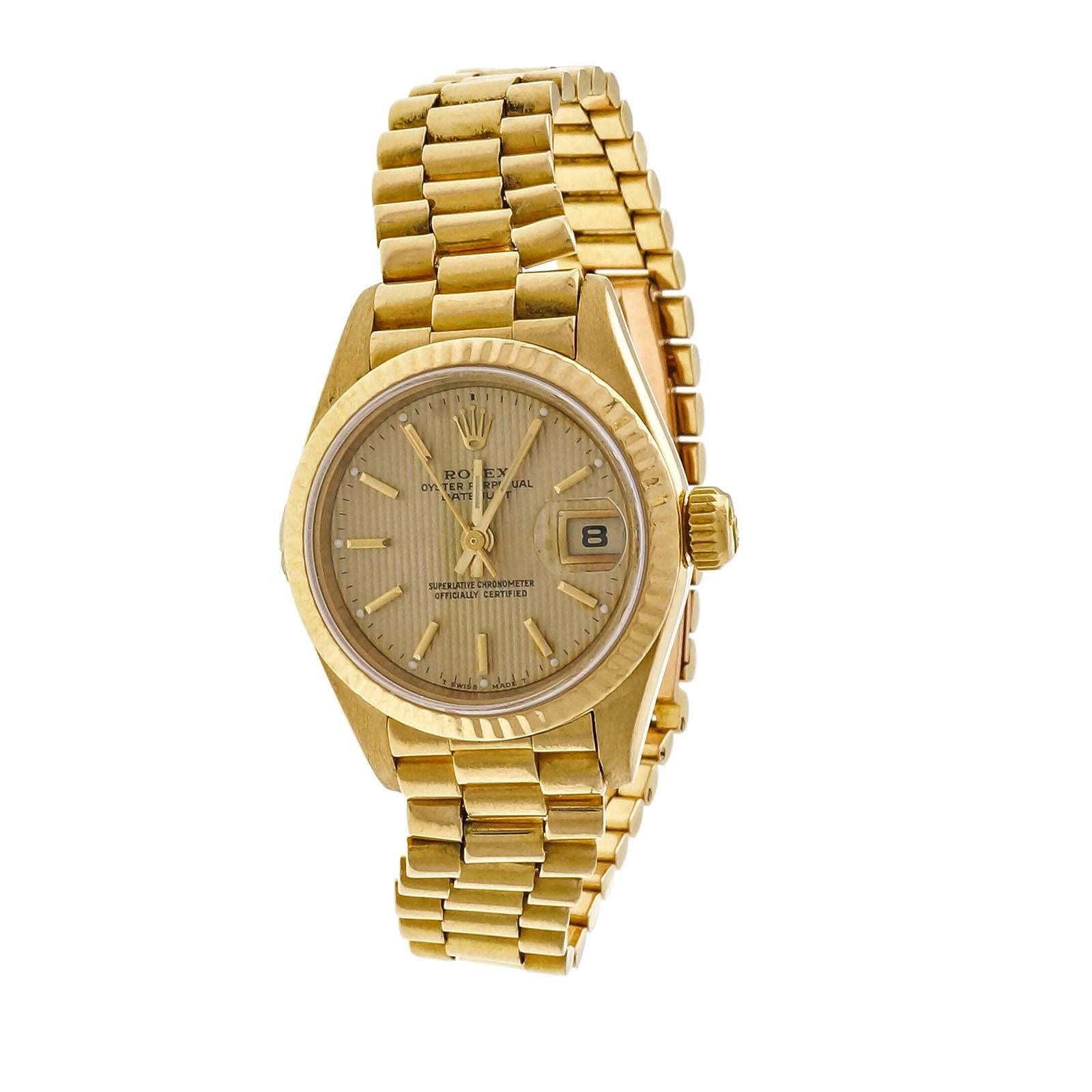 Rolex Lady's yellow gold President Pin Stripe Dial Wristwatch Ref 69178 In Good Condition In Stamford, CT