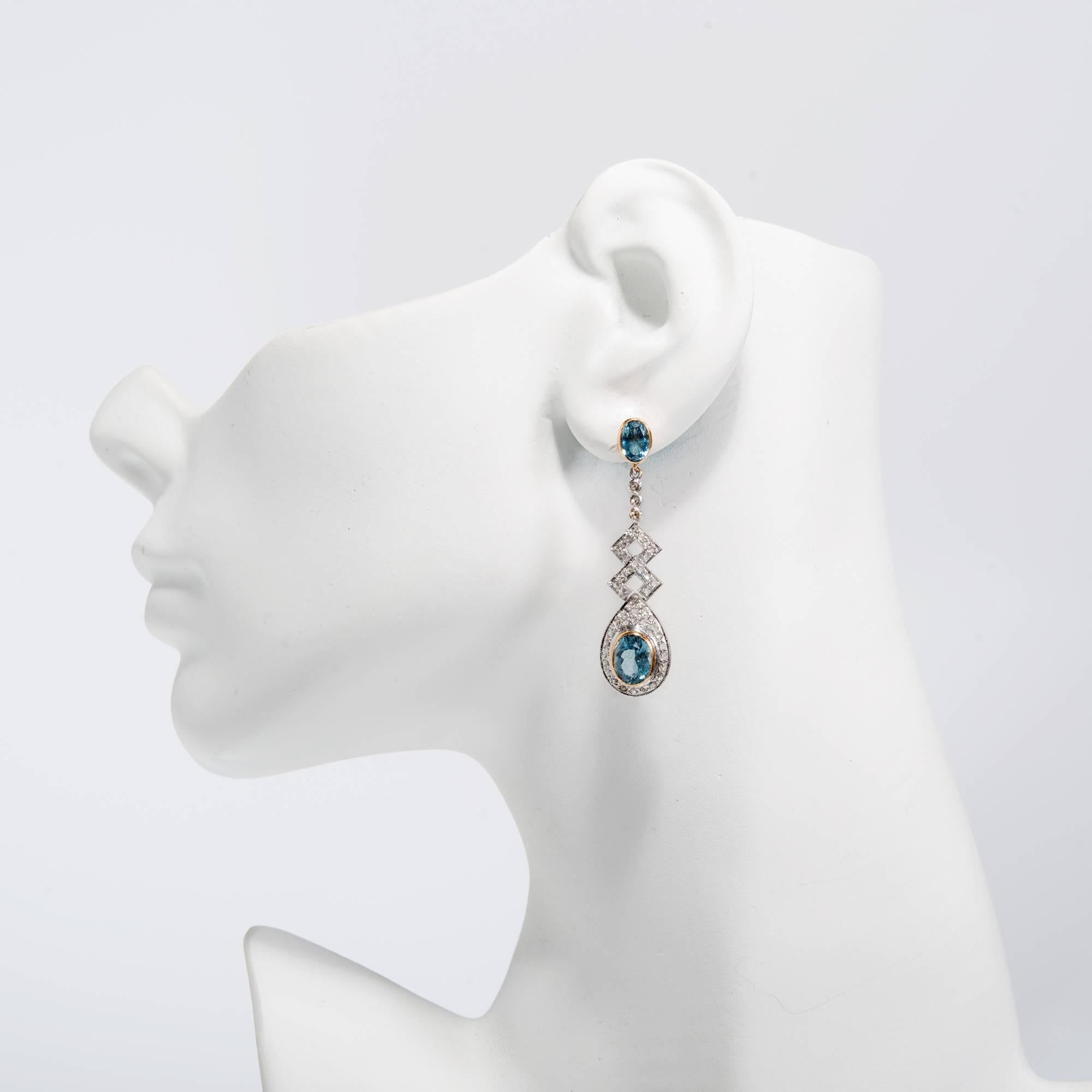 6.19 Carat Aquamarine Diamond Silver Gold Dangle Drop Earrings In Excellent Condition In Stamford, CT