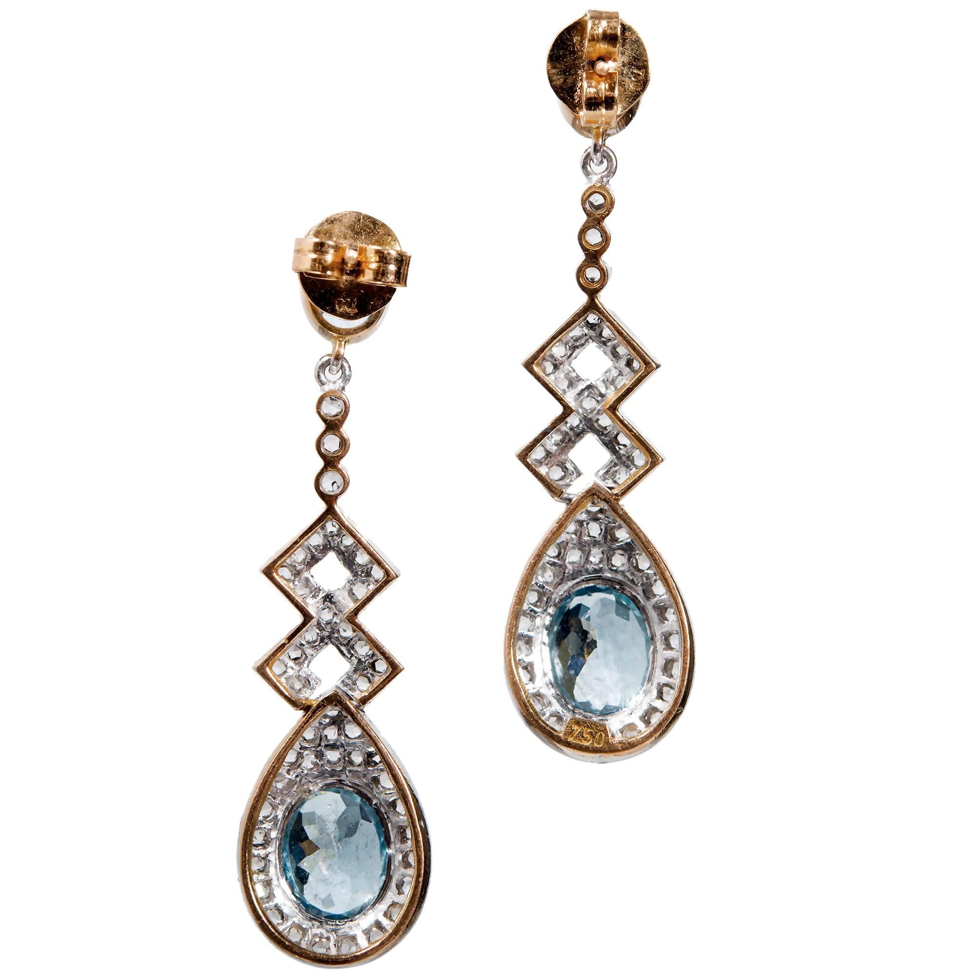 Women's 6.19 Carat Aquamarine Diamond Silver Gold Dangle Drop Earrings