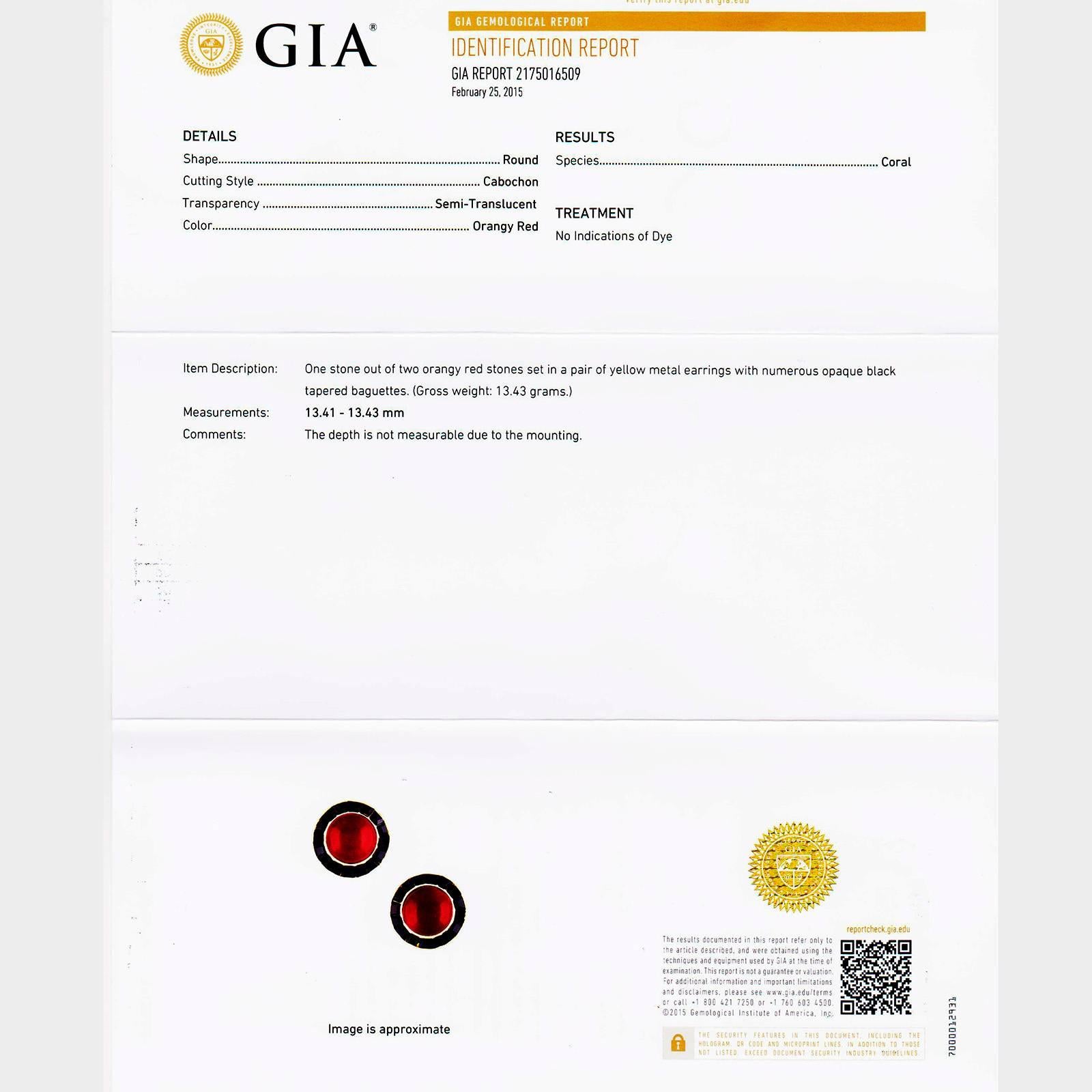 Women's GIA Certified Cabochon Round Red Coral Black Onyx Gold Earrings For Sale