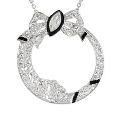 Black Enamel Marquise Diamond Gold Platinum Bow Pendant Necklace 5