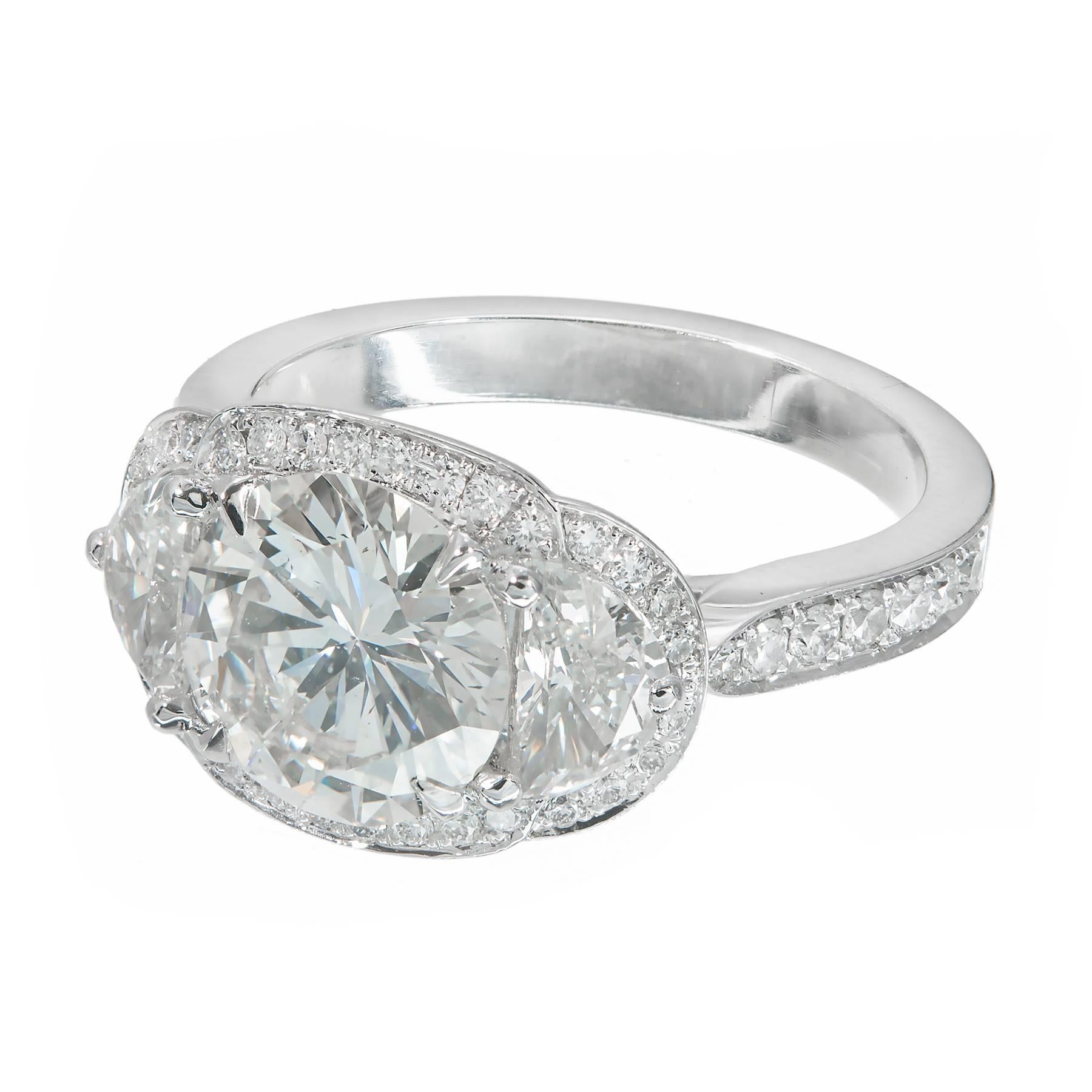 Round Cut Peter Suchy 2.30 Carat Diamond Platinum Halo Three-Stone Engagement Ring For Sale