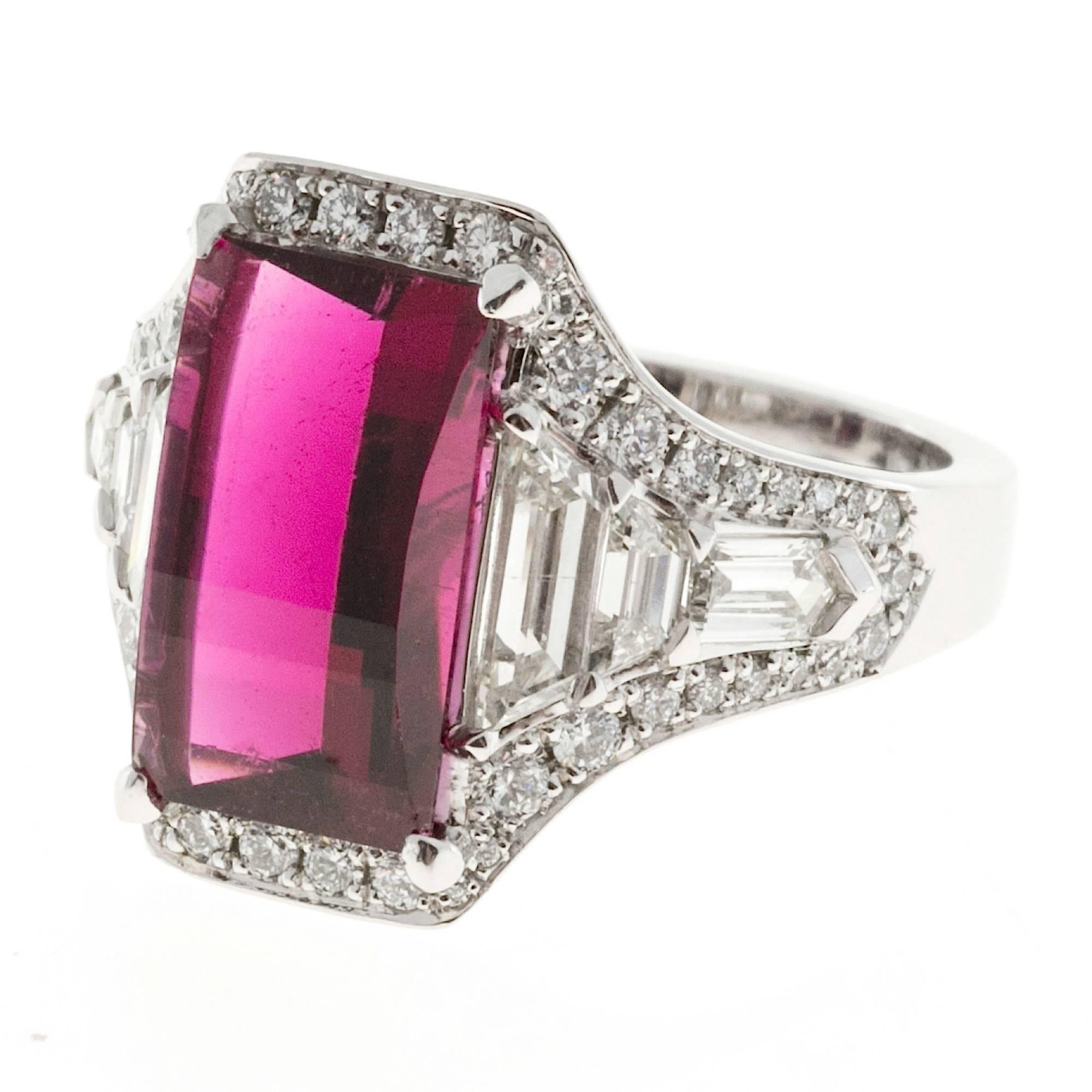 Rubellite Red Tourmaline Diamond Platinum Engagement Ring In Good Condition For Sale In Stamford, CT