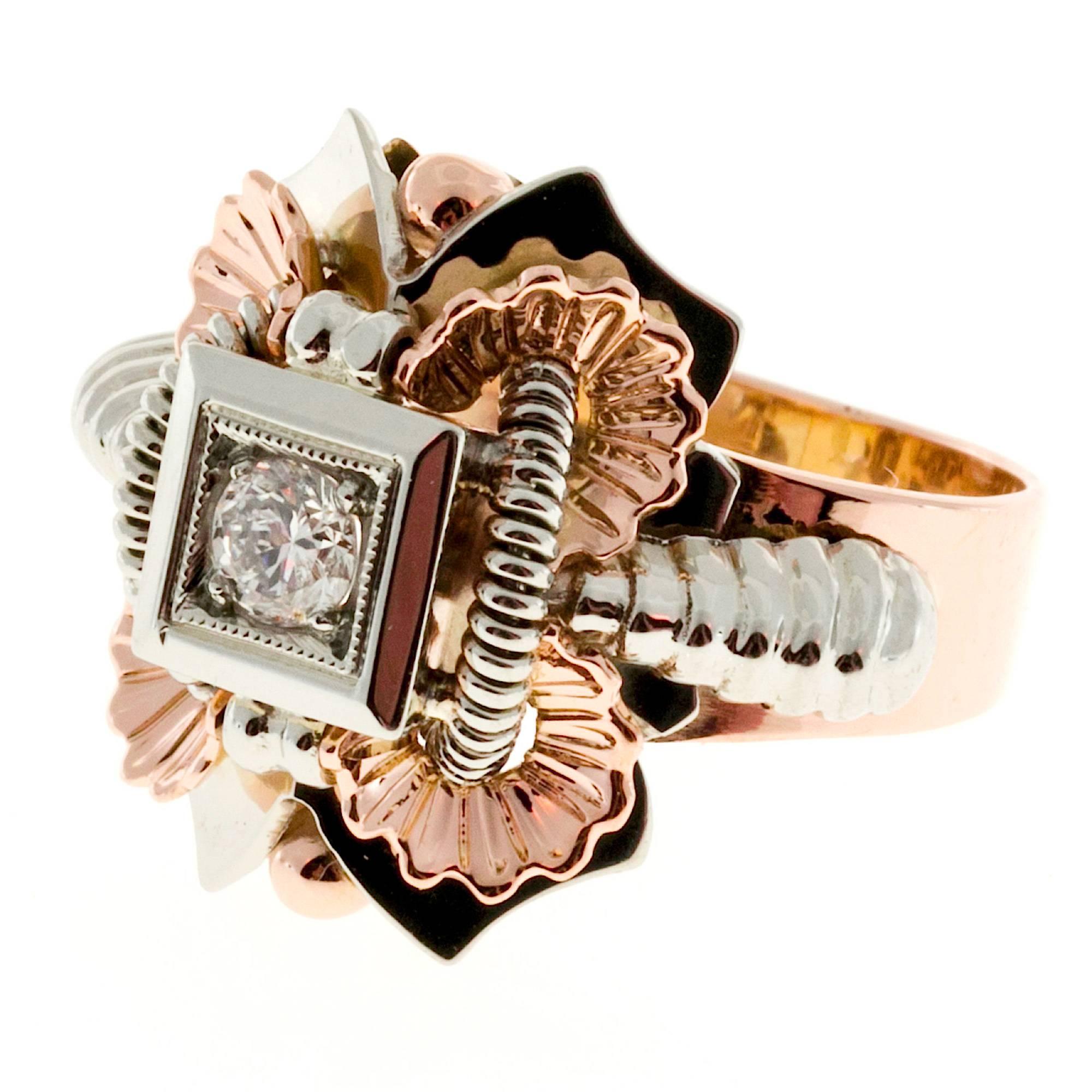 Retro Italian Diamond Two Color Gold Ring 3