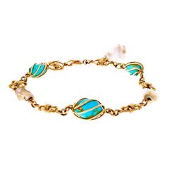 Handmade Freshwater Pearl Turquoise Gold Bracelet 3