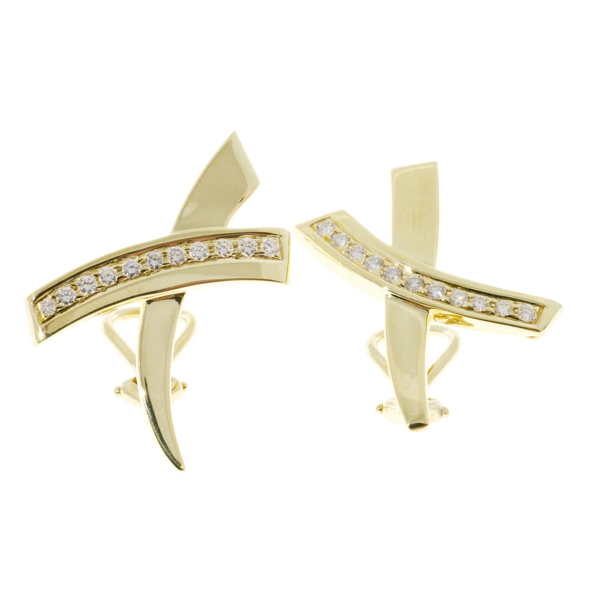 Tiffany & Co. Paloma Picasso Diamond Gold “X” Clip Post Earrings In Good Condition In Stamford, CT