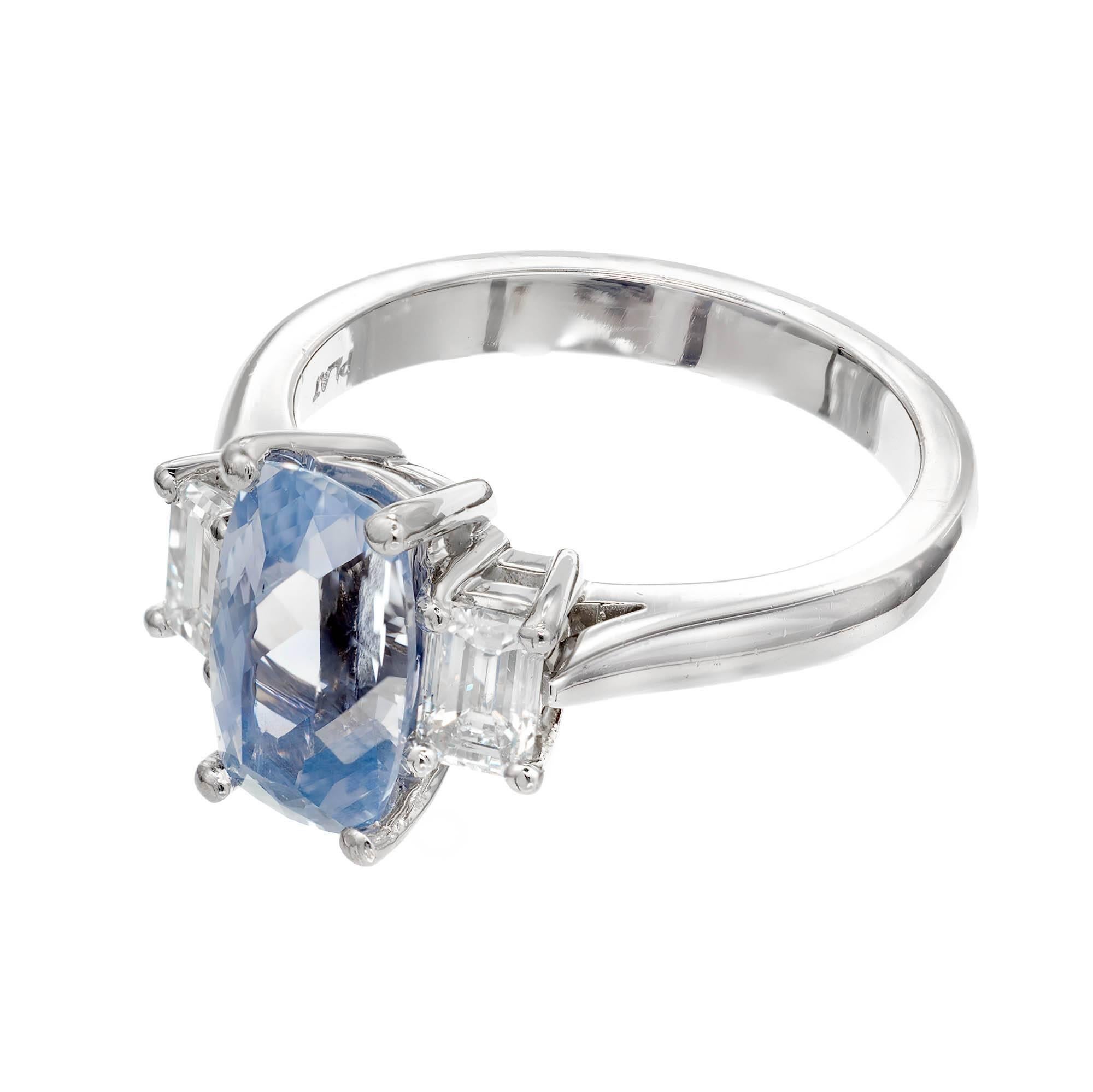 Cushion Cut GIA 2.79 Carat Natural Sapphire Diamond Three-Stone Platinum Engagement Ring For Sale