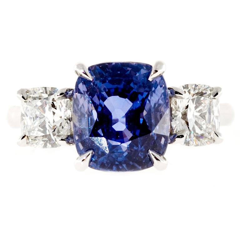 Purple Sapphire Diamond Platinum Three Stone Ring For Sale at 1stdibs