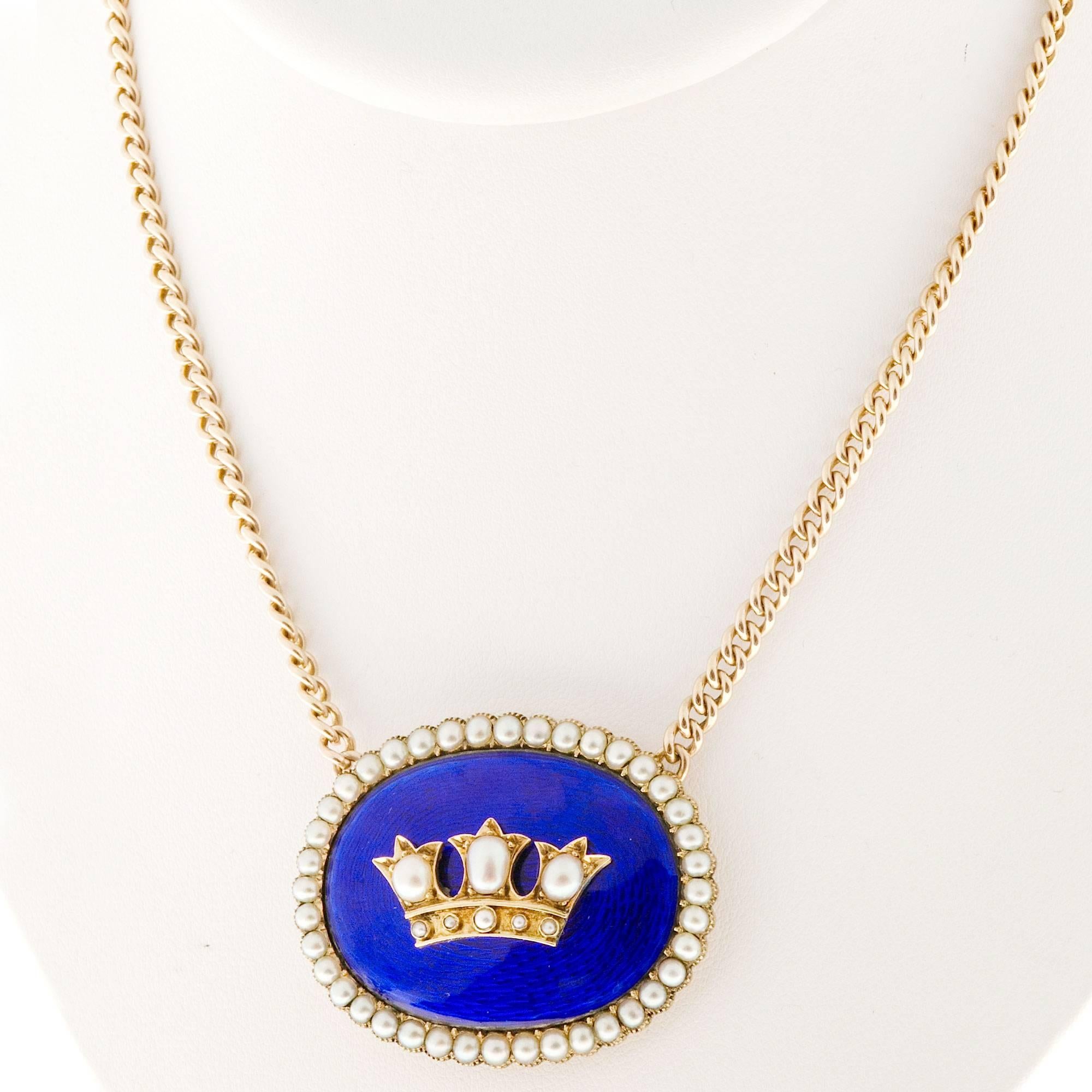 Cobalt Blue Enamel Natural Pearl Gold Pendant Necklace In Good Condition For Sale In Stamford, CT