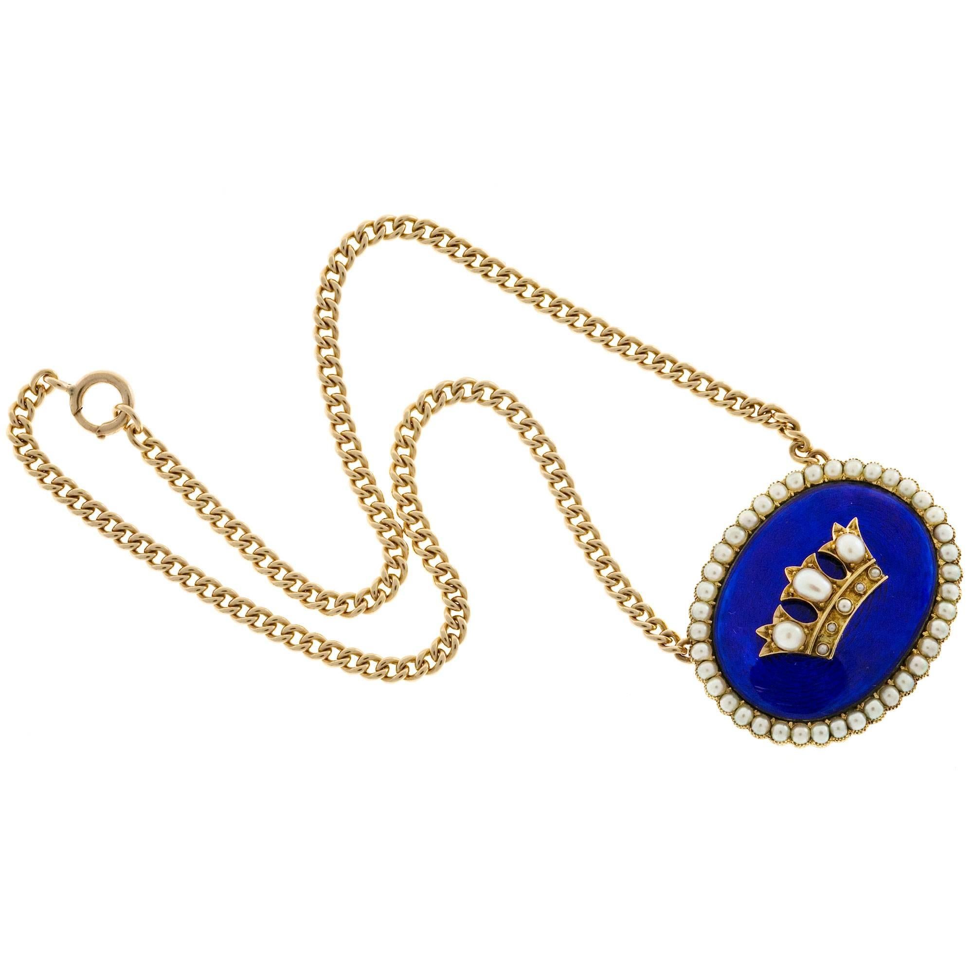 Round Cut Cobalt Blue Enamel Natural Pearl Gold Pendant Necklace For Sale