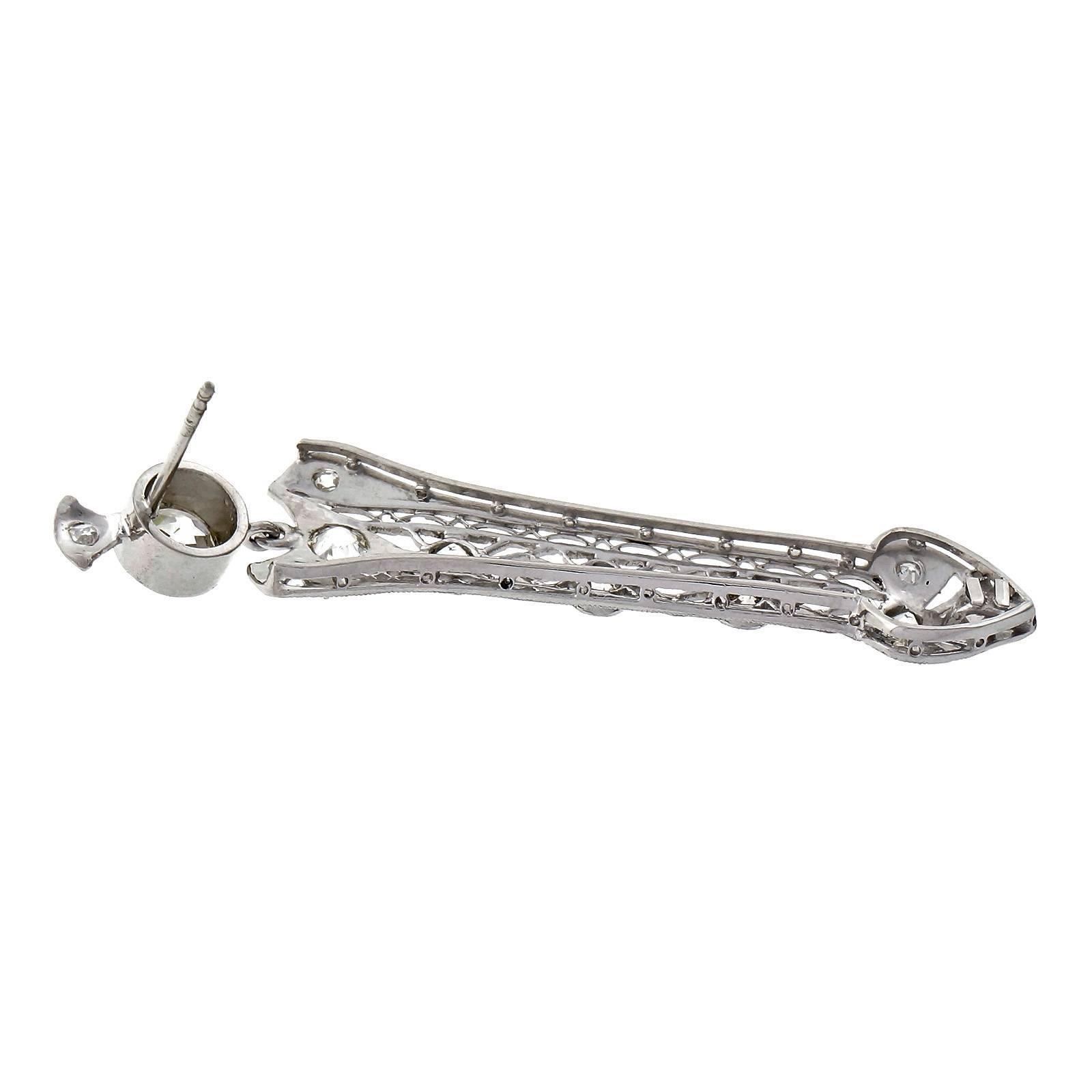 2.62 Carat Diamond Platinum Arrow Edwardian Dangle Earrings For Sale 1