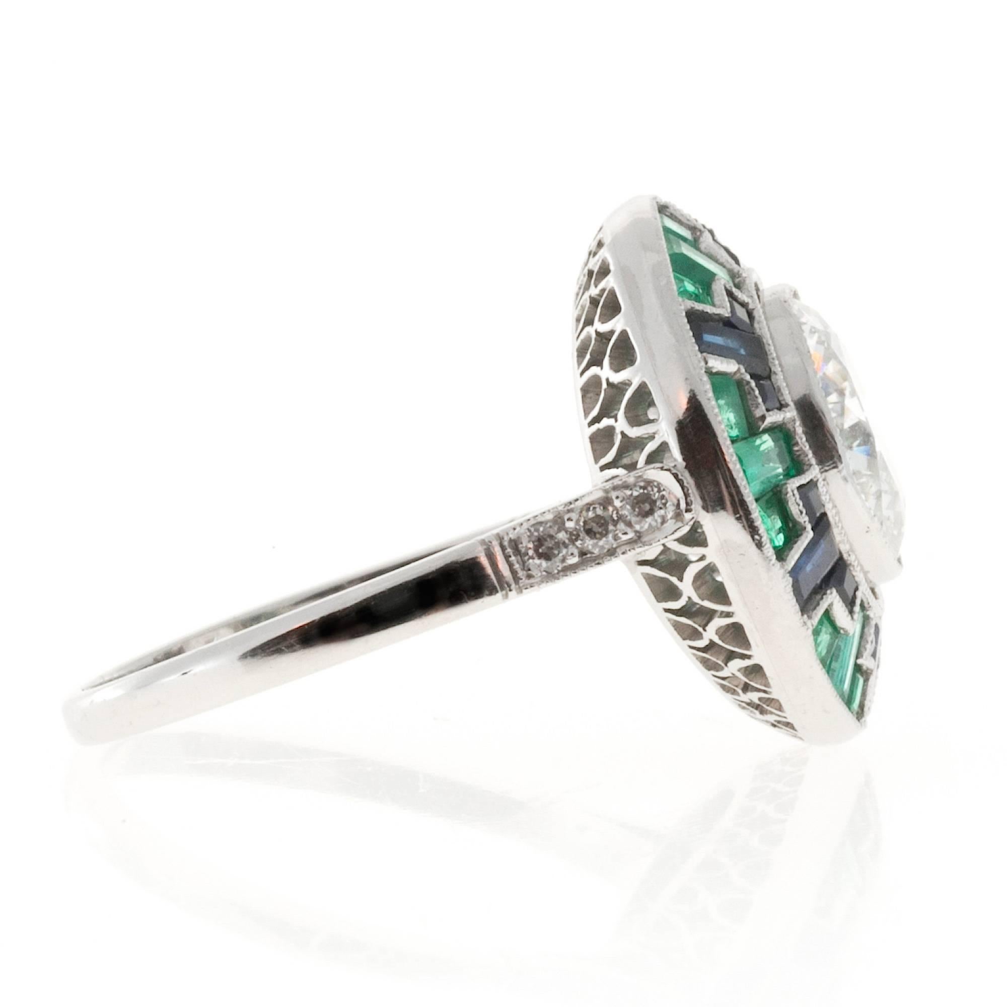 Mosaic Emerald Sapphire Diamond Platinum Ring In Good Condition In Stamford, CT
