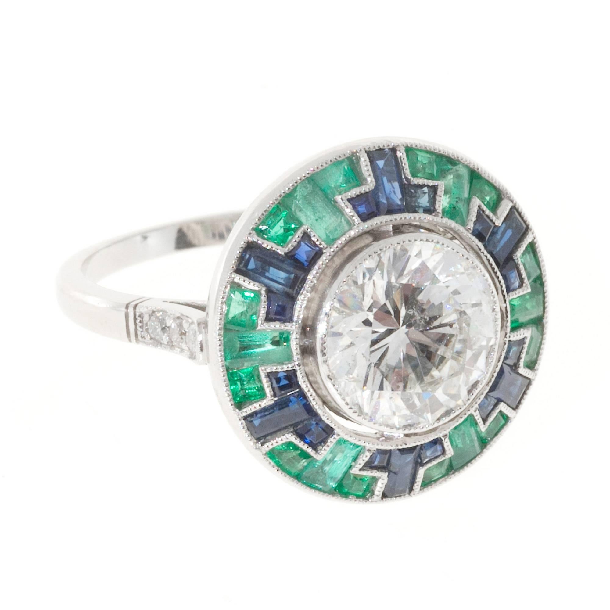 Mosaic Emerald Sapphire Diamond Platinum Ring 1