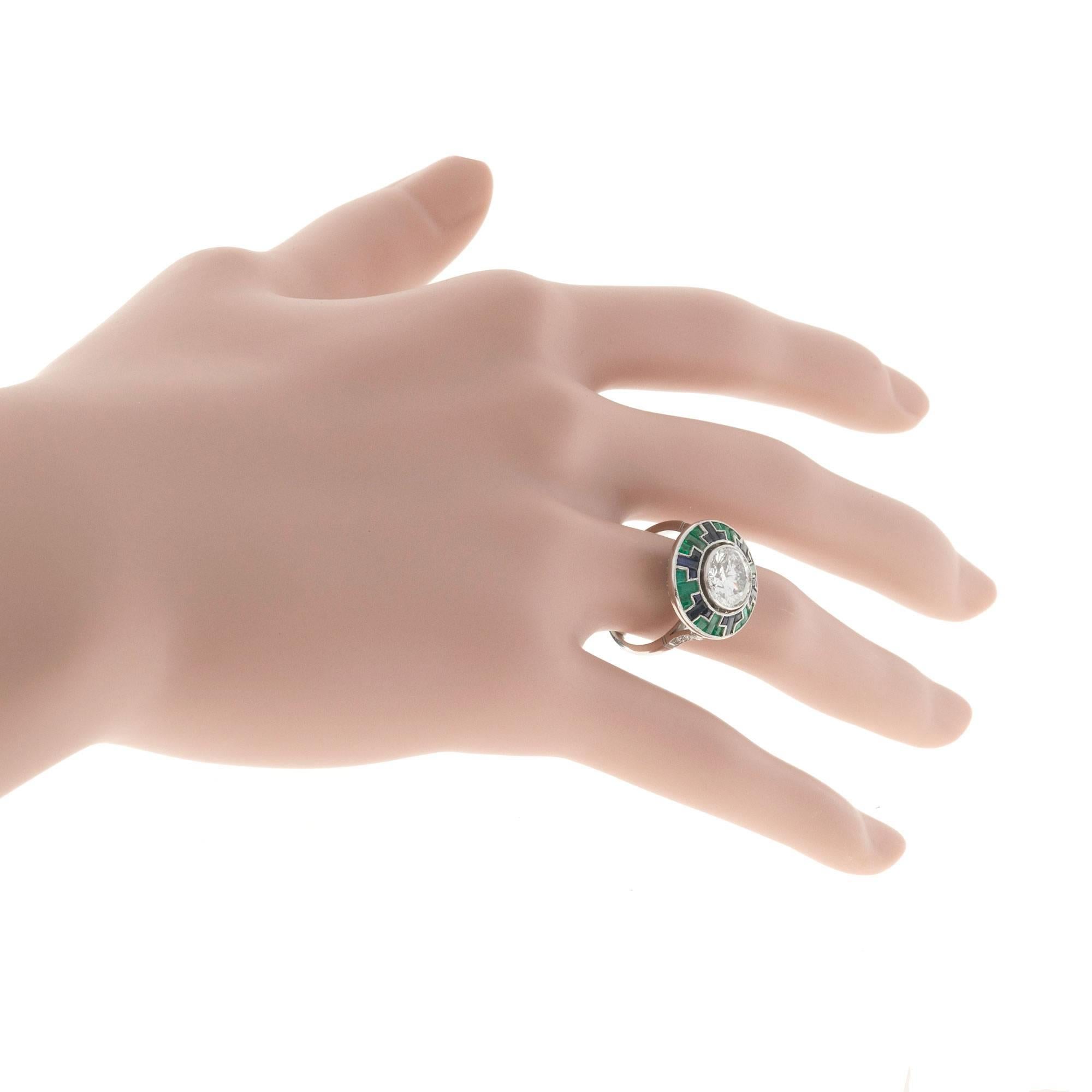 Mosaic Emerald Sapphire Diamond Platinum Ring 2