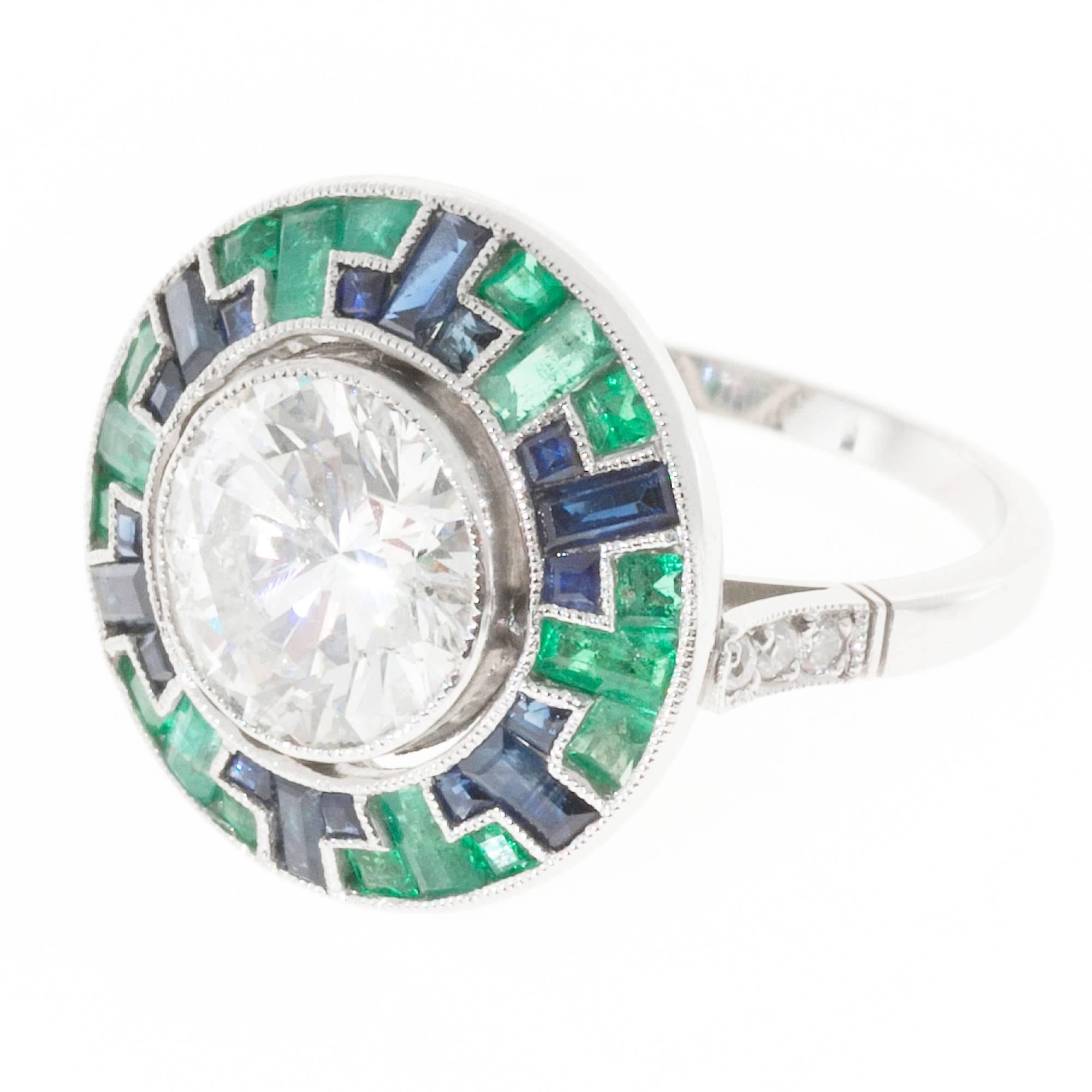1930-1940 Center diamond with emerald and sapphire baguette and square Mosaic style halo platinum ring. crt

1 round brilliant cut diamond, approx. total weight 2.50cts, F-G, SI2, 8.40 x 8.38 x 4.96mm, Depth: 59.1%  Table: 61%, Medium blue