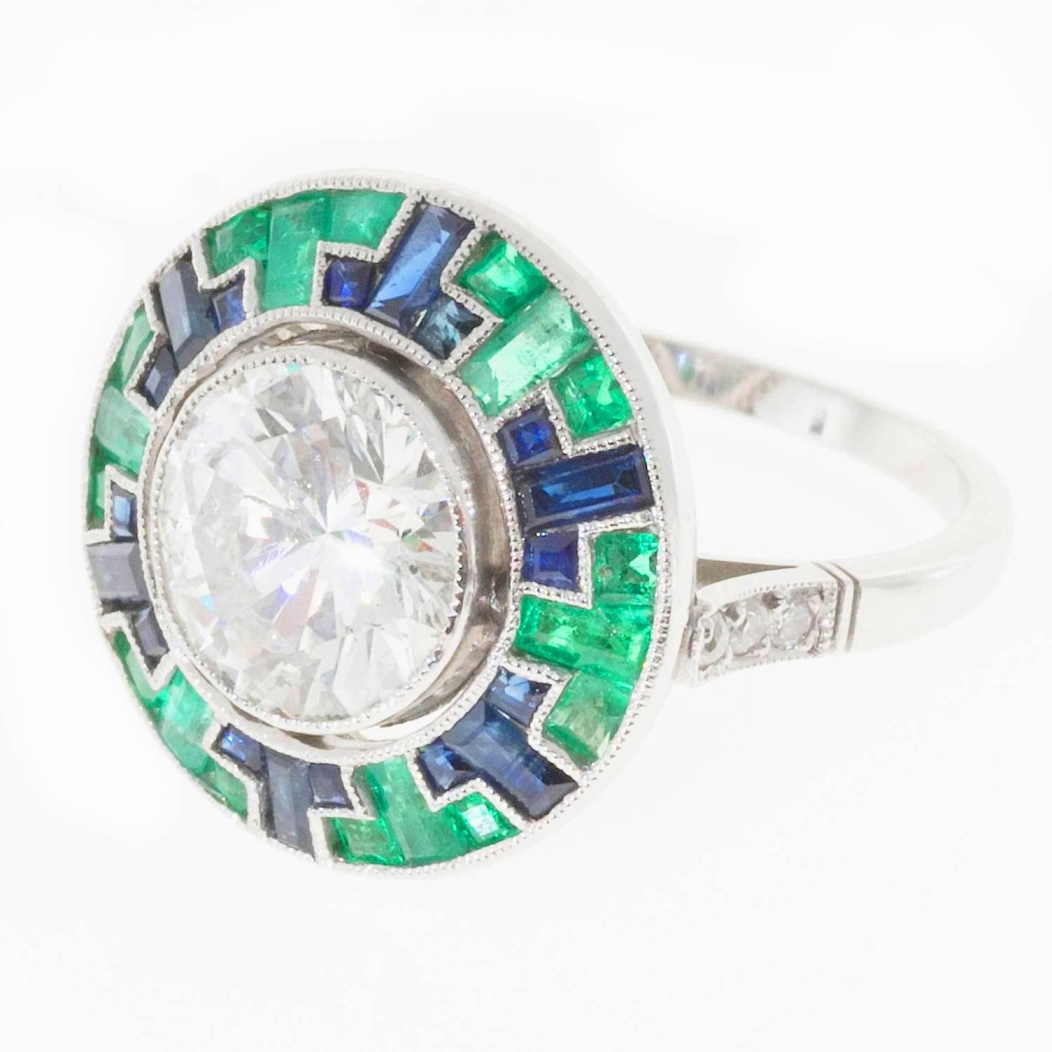 Mosaic Emerald Sapphire Diamond Platinum Ring at 1stdibs